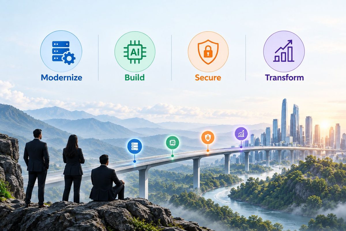 Enterprise leaders reviewing a modernize, build, secure, transform roadmap