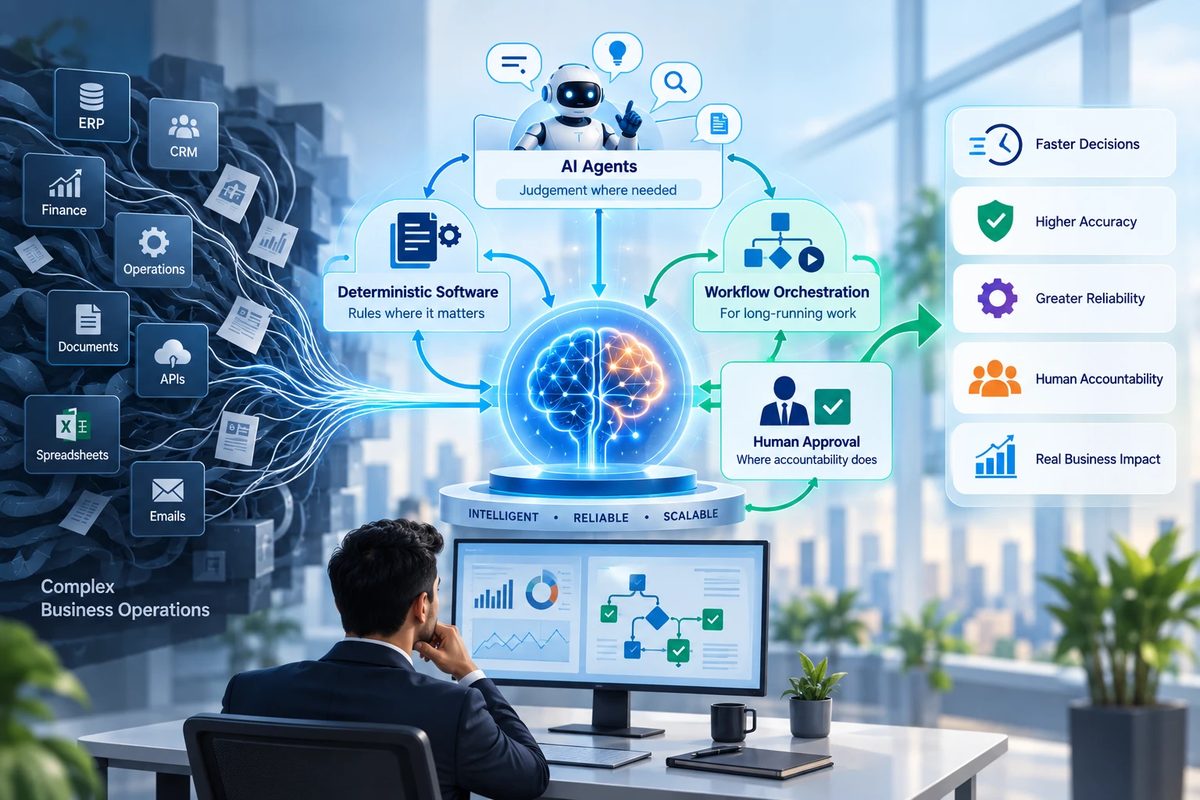Complex business operations flowing into AI agents, deterministic software, workflow orchestration and human approval — producing faster decisions, higher accuracy and real business impact