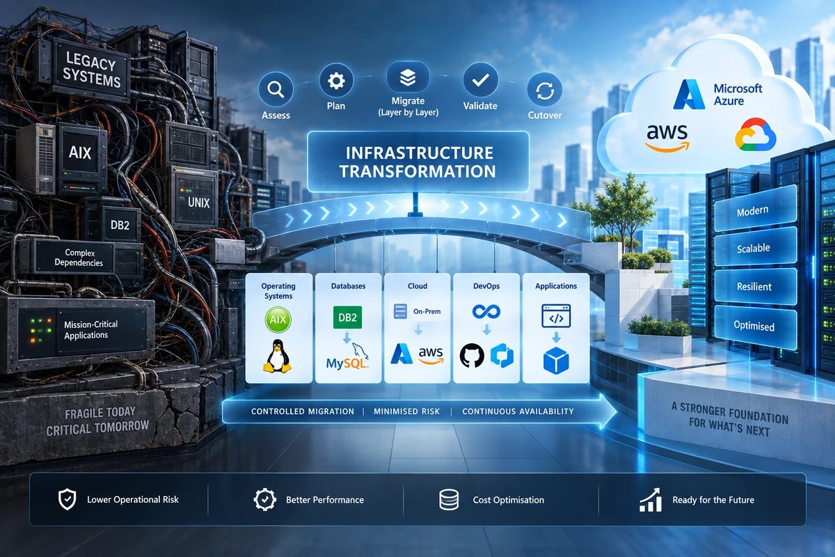 Infrastructure transformation from tangled legacy AIX, UNIX and DB2 systems to a modern cloud platform — assess, plan, migrate layer by layer, validate, cut over